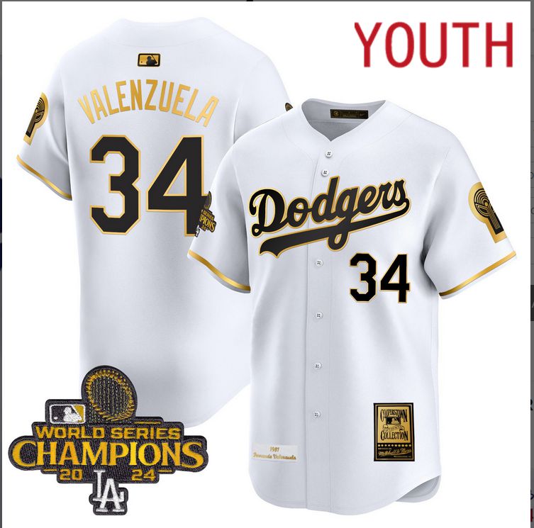 Youth MLB Los Angeles Dodgers 34 Valenzuela white 2024 World Series Champions Patch Cooperstown Jersey style 3